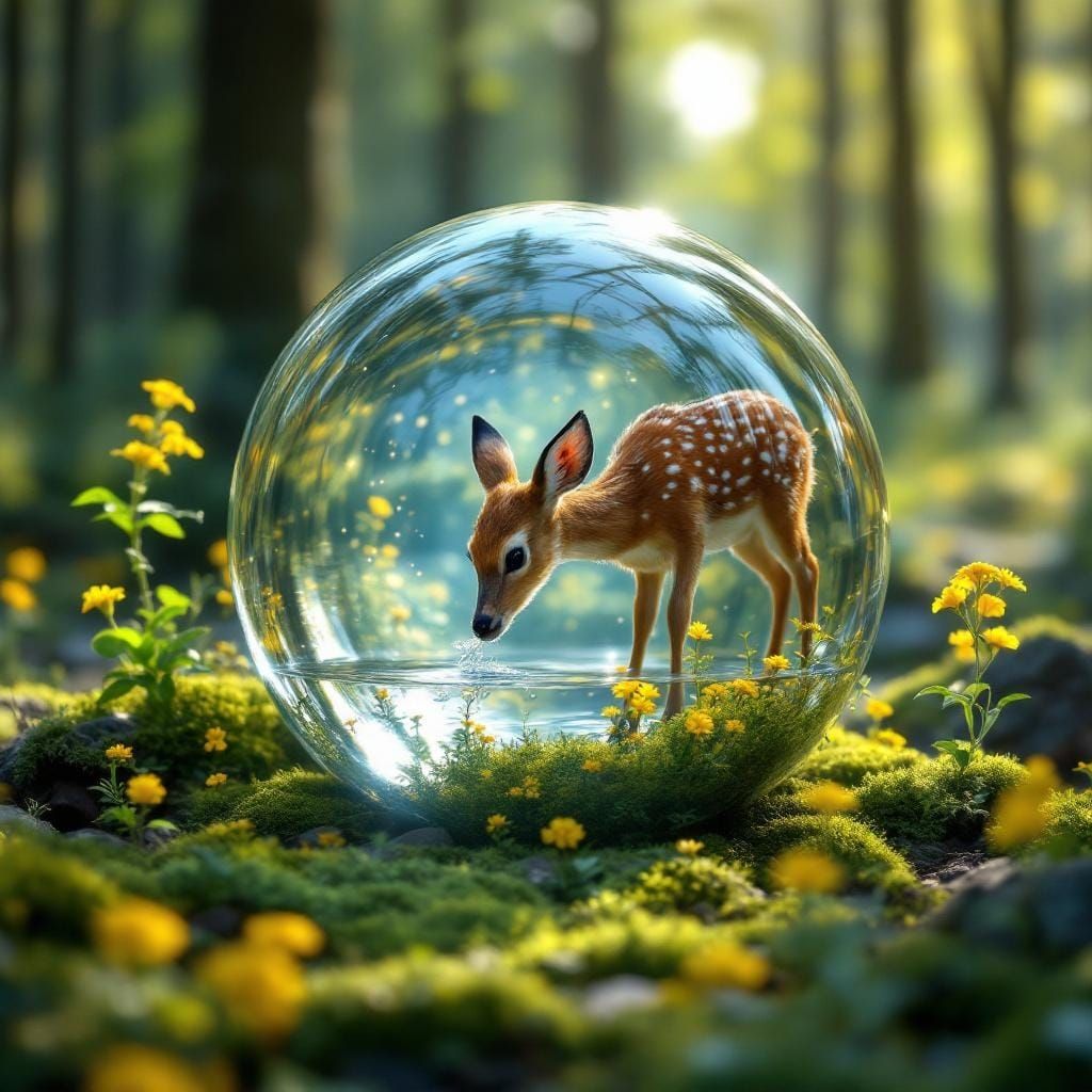 Deer in Crystal Sphere: Hyper-Realistic 8K Artwork