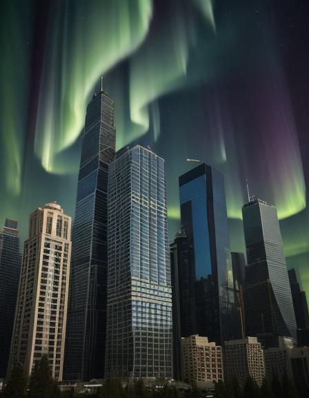 Cubist Skyscrapers Under Aurora, Color Graded