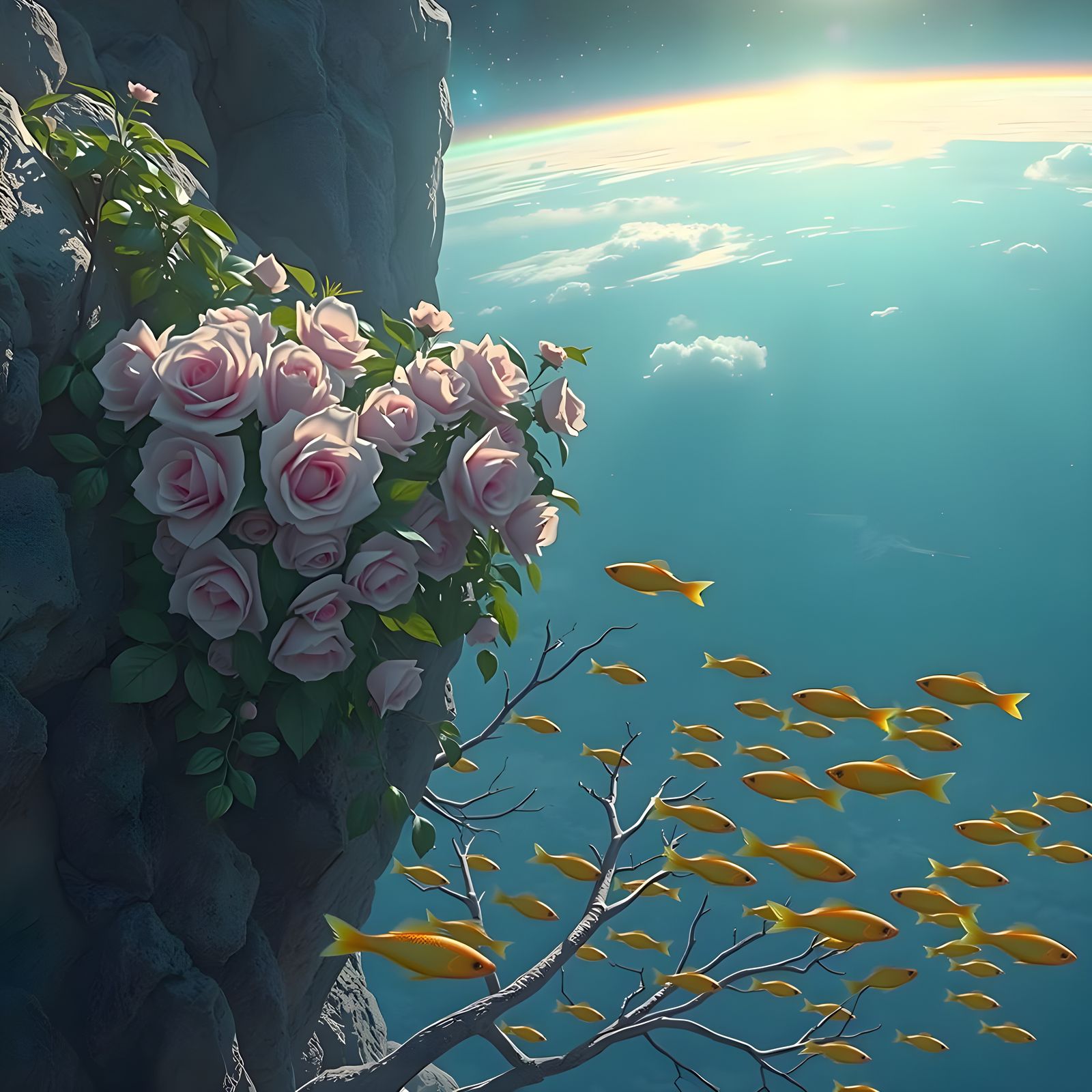 Rose Bush in Space with Floating Goldfish
