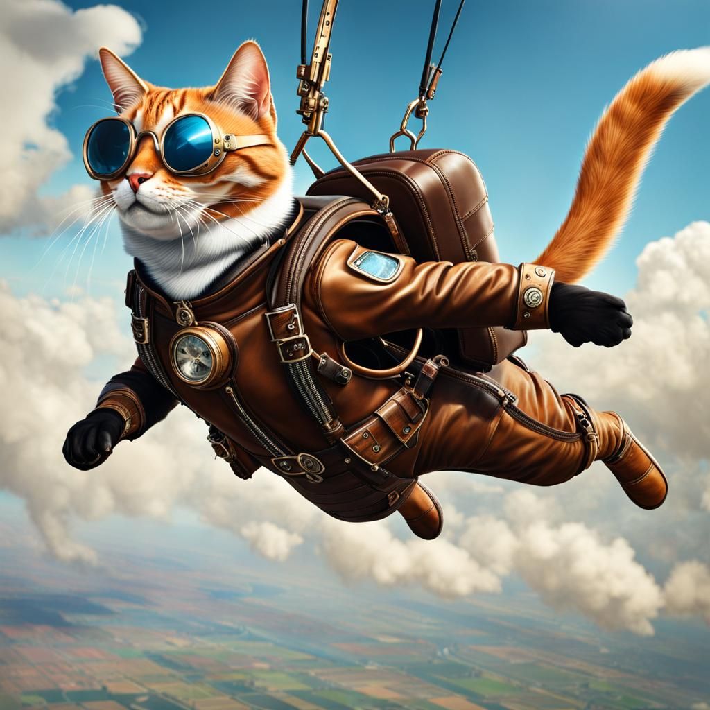 Steampunk Cat Skydiving: Photorealistic Adventure