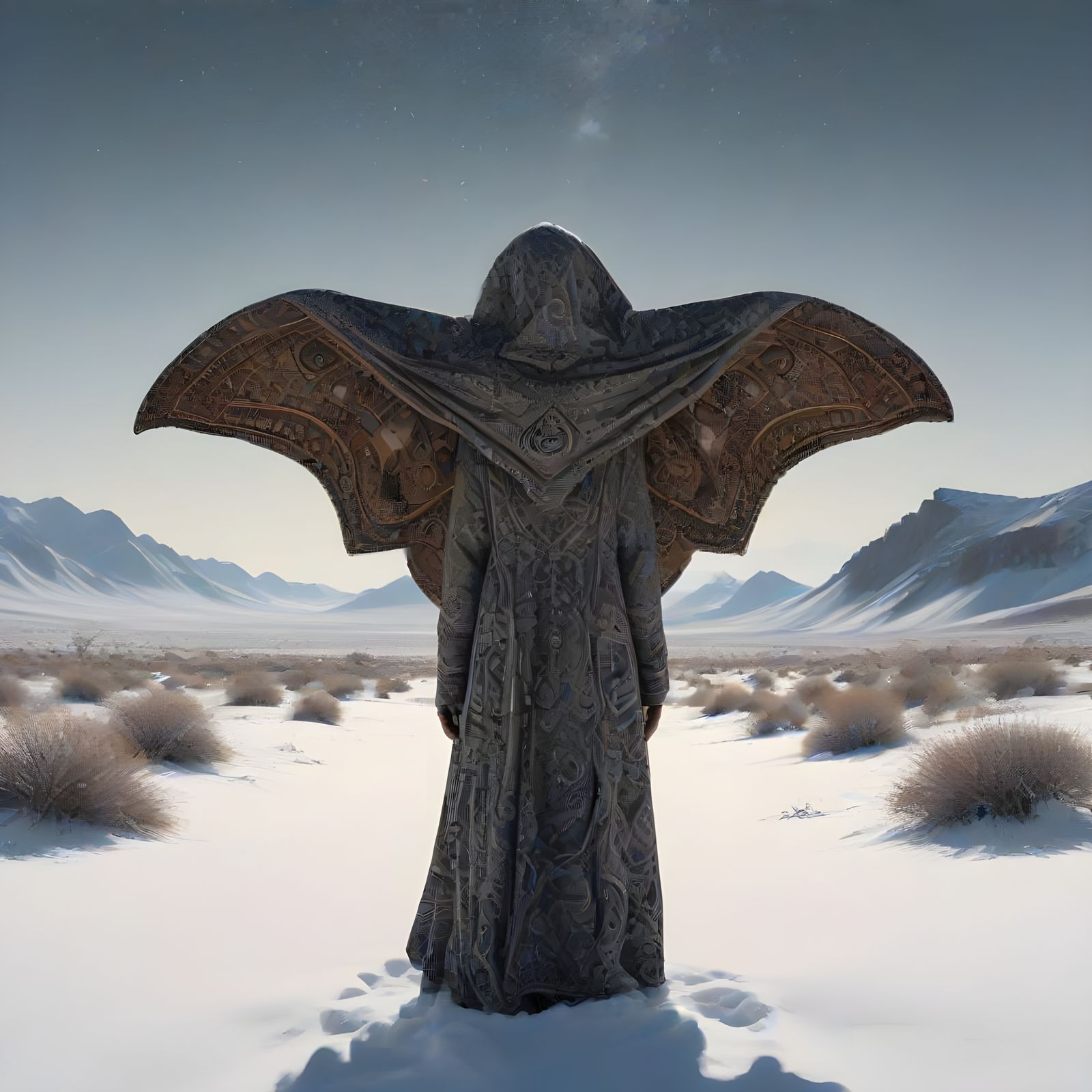 Dreamlike Desert Scene with Snowfall and Flying Elephants