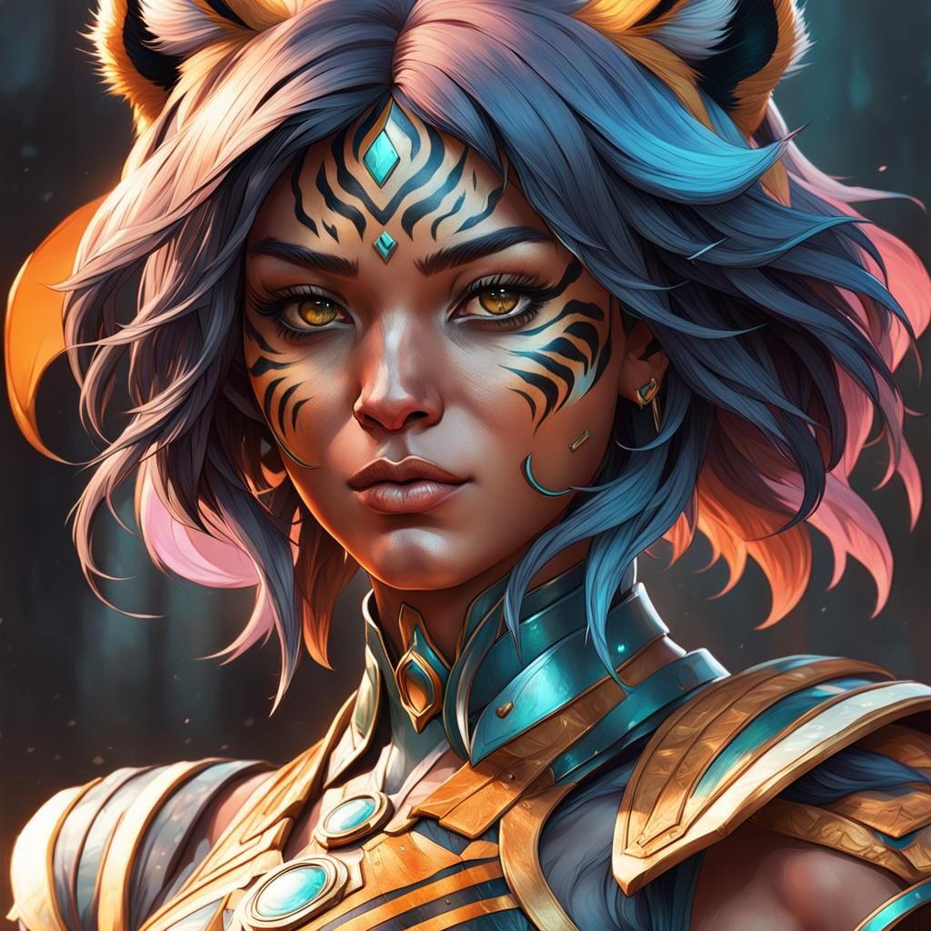 Hyperdetailed Tiger Girl Portrait in Art Nouveau Style