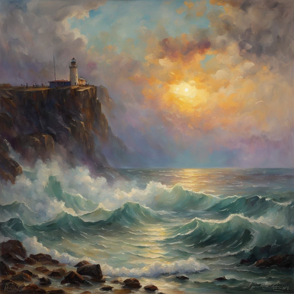 Surreal Beach Scene with Warm Sunlight and Towering Waves in...