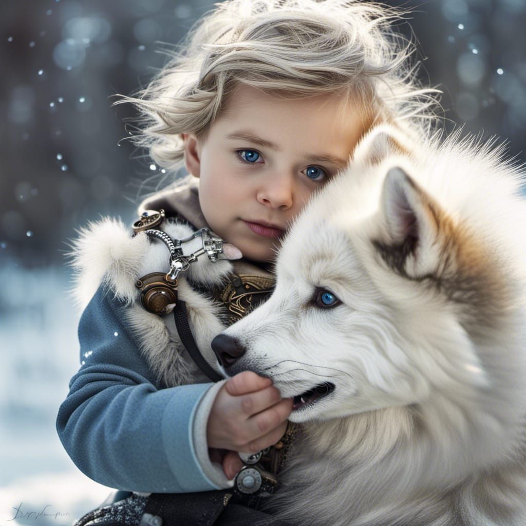 Baby and Puppy in Snowy Landscape