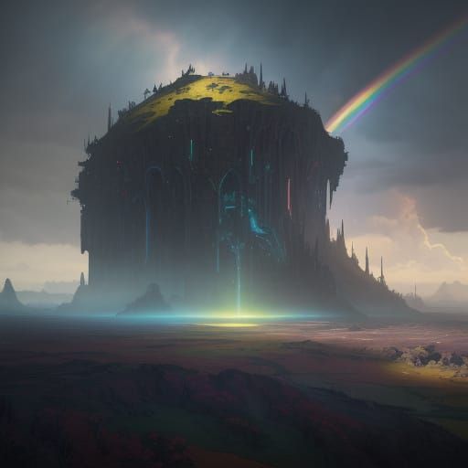 Mystical Rainbow Arcs Across Dreamlike Landscape in Hyper-De...