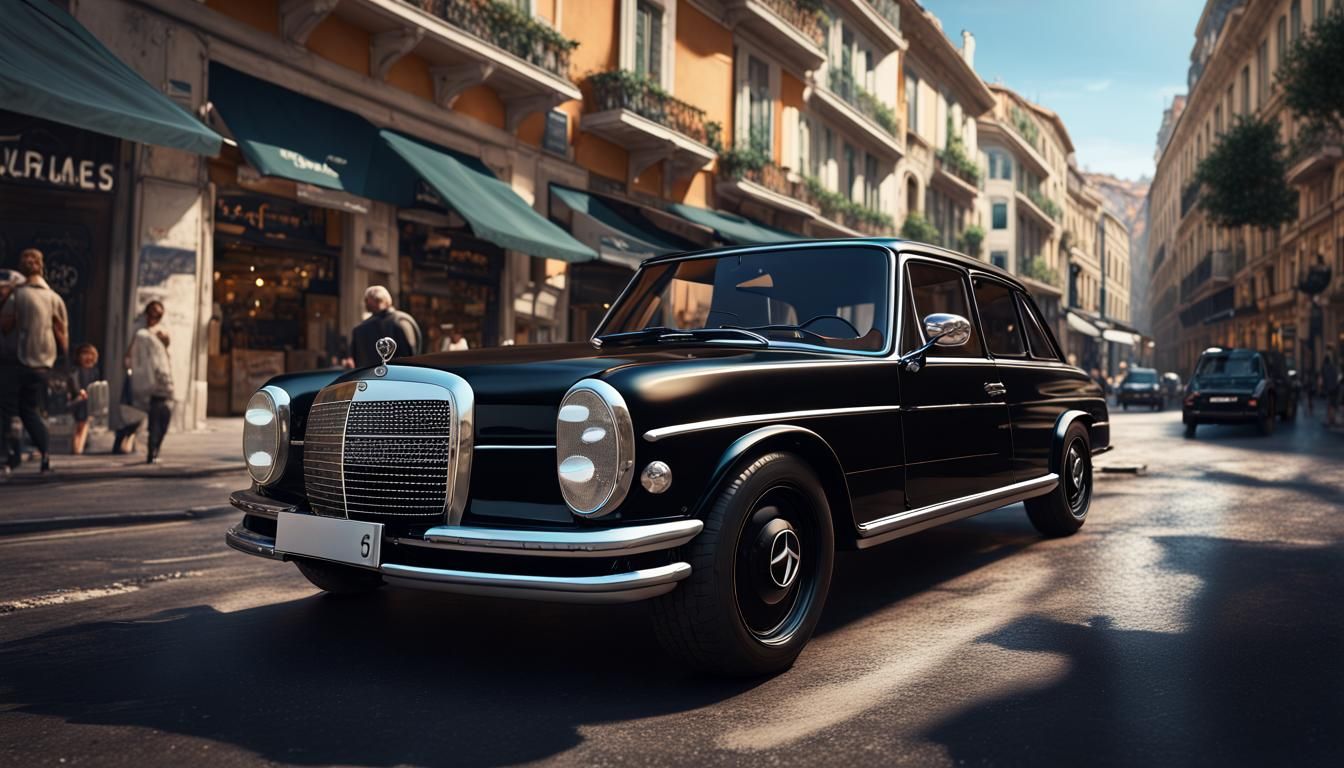 Black Mercedes in Busy Nice Street: Matte Painting