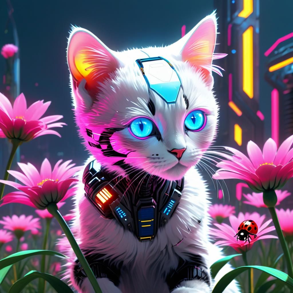 Bionic Kitten and Ladybug Amidst Solar Flowers
