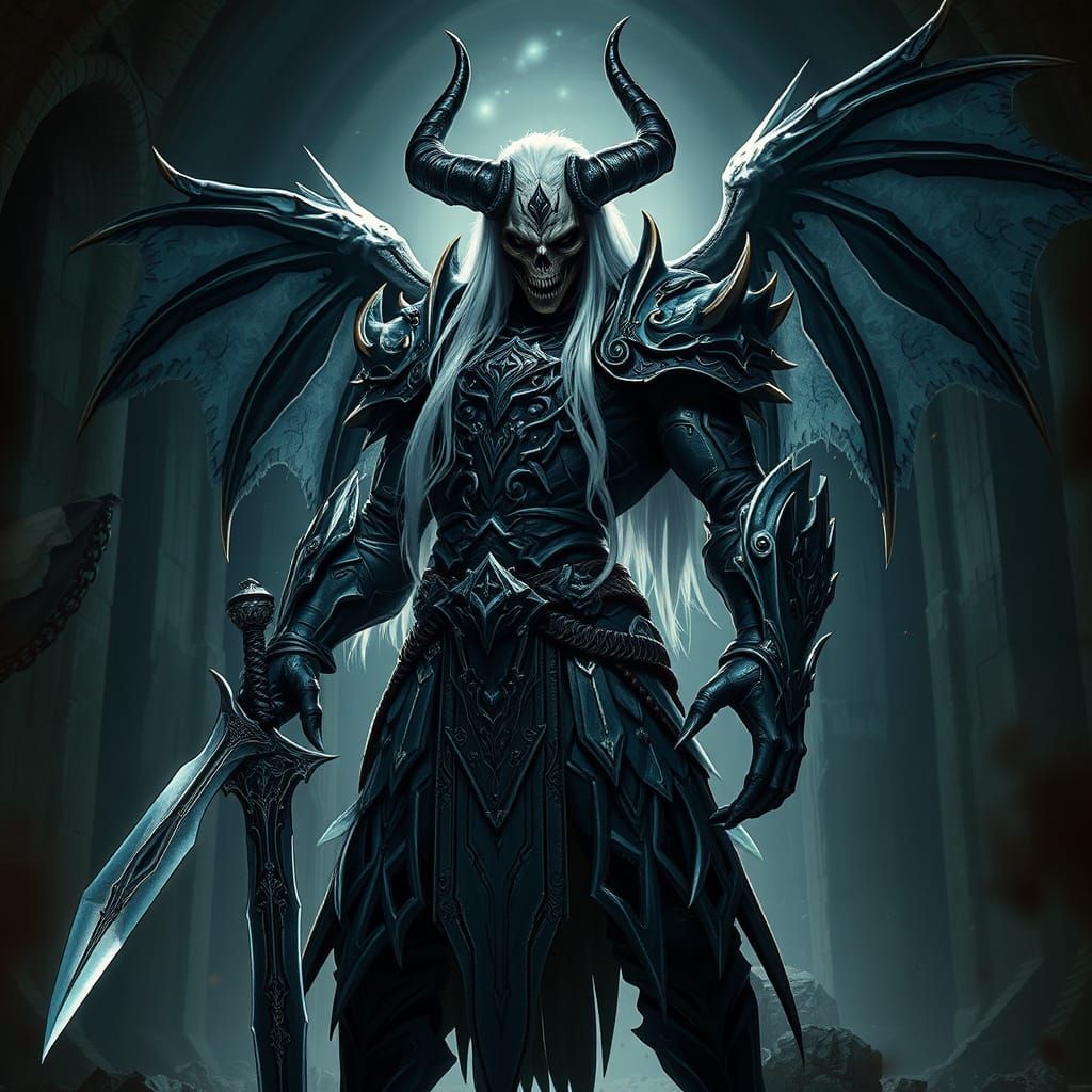 Menacing Horned Figure in Gothic Setting with Sword