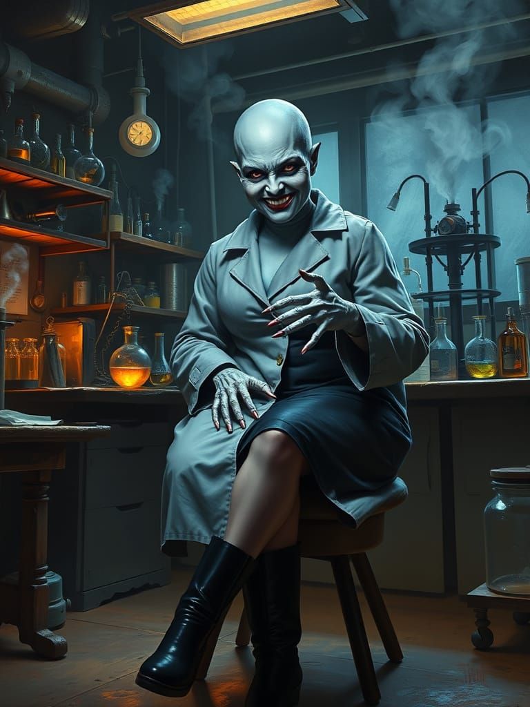Menacing Alien Scientist in a Dark, Eerie Lab