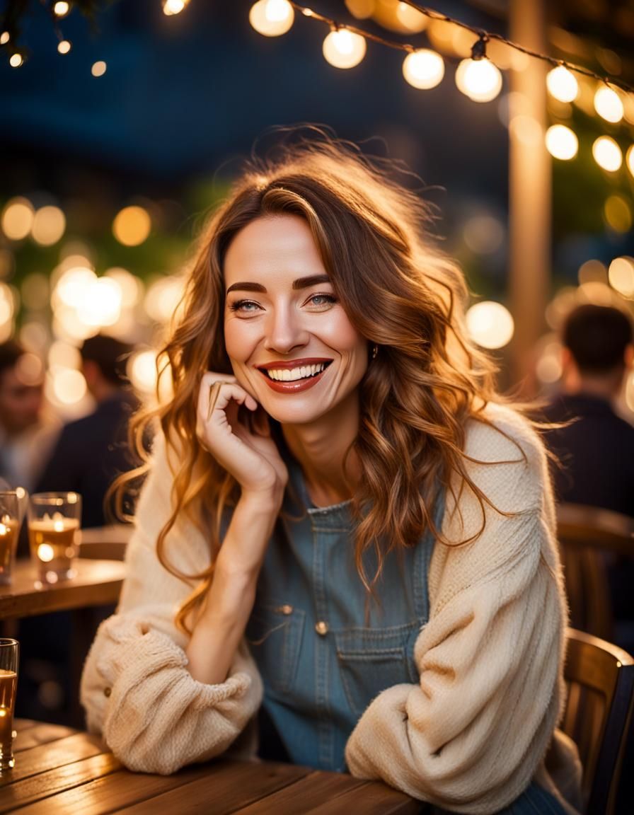Moonlit Cafe Date: Impressionist Portrait of Young Woman