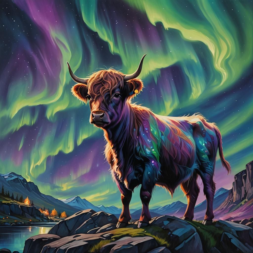 Highland Calf Watches Northern Lights in Scotland