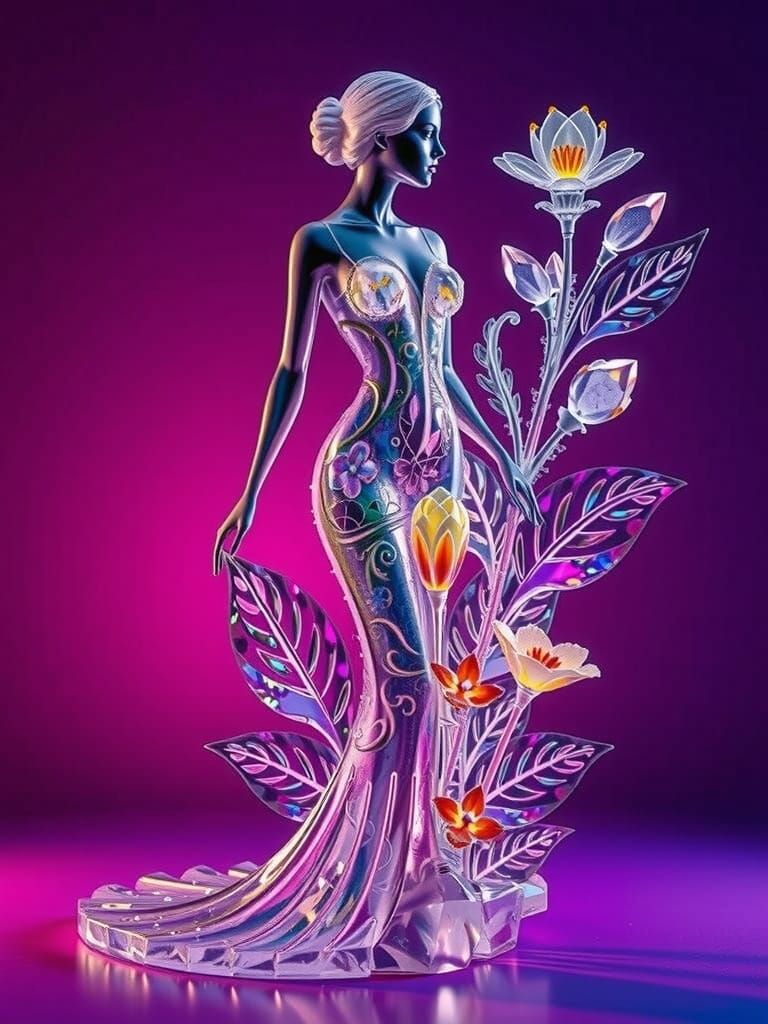 Transparent Woman Statuette with Glass Flowers, Neon Glow