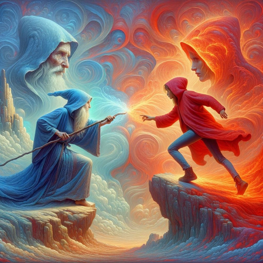 Magical Duel on Rugged Mountain in Dreamcore Style