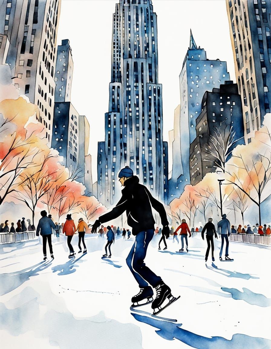 Ice Skating at Rockefeller Center in Watercolor Style