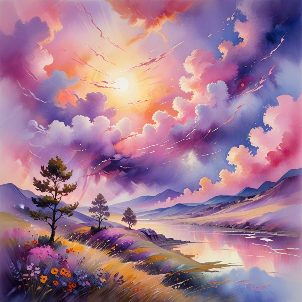 Vibrant Abstract Expressionist Landscape with Swirling Cloud...