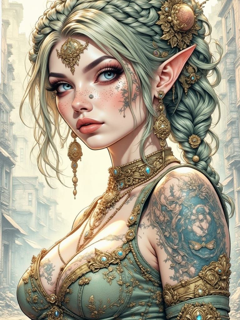 Ethereal Elf Woman with Gold Tattoos and Jewelry in Pencil S...