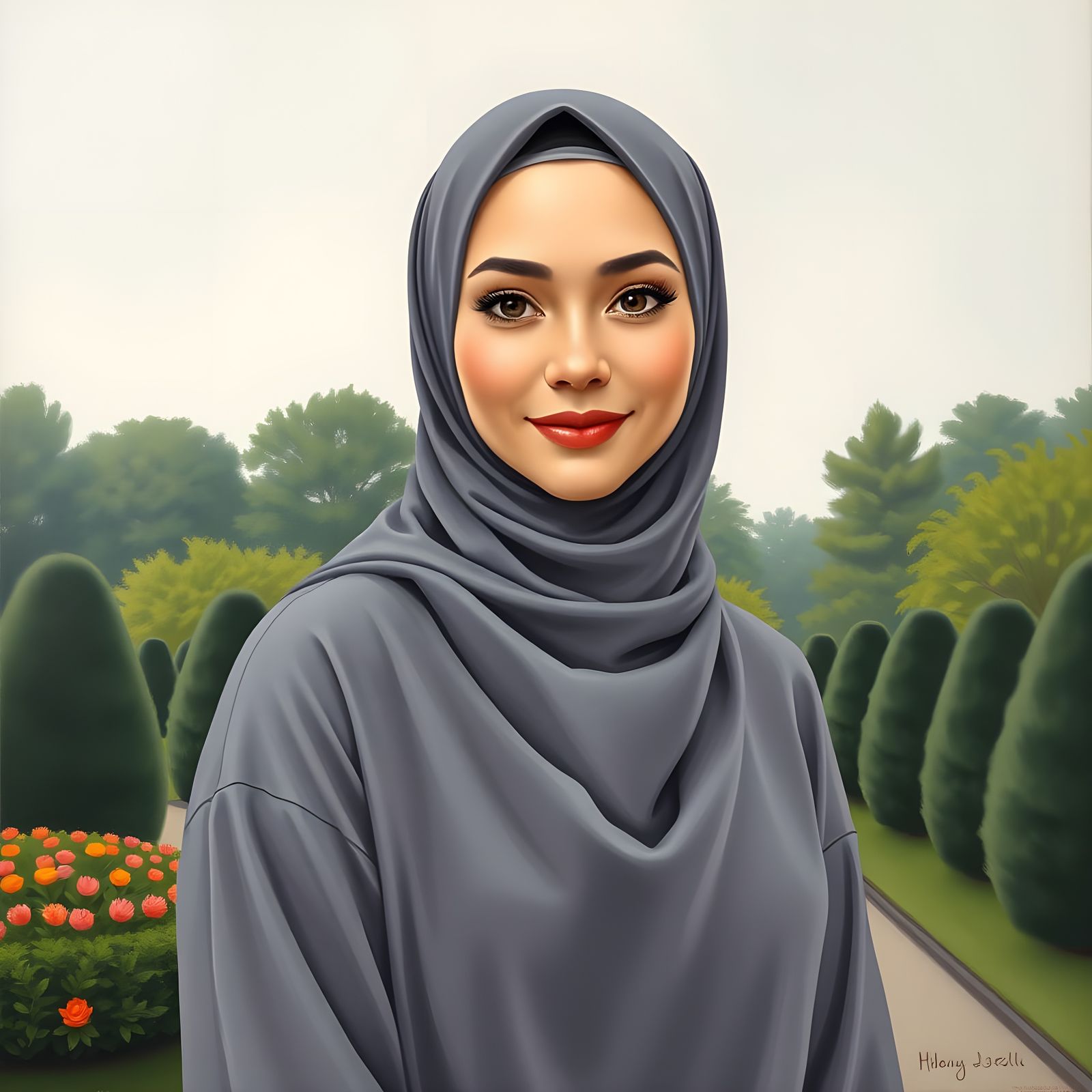 Minimalist Oil Painting of Elegant Woman in Garden