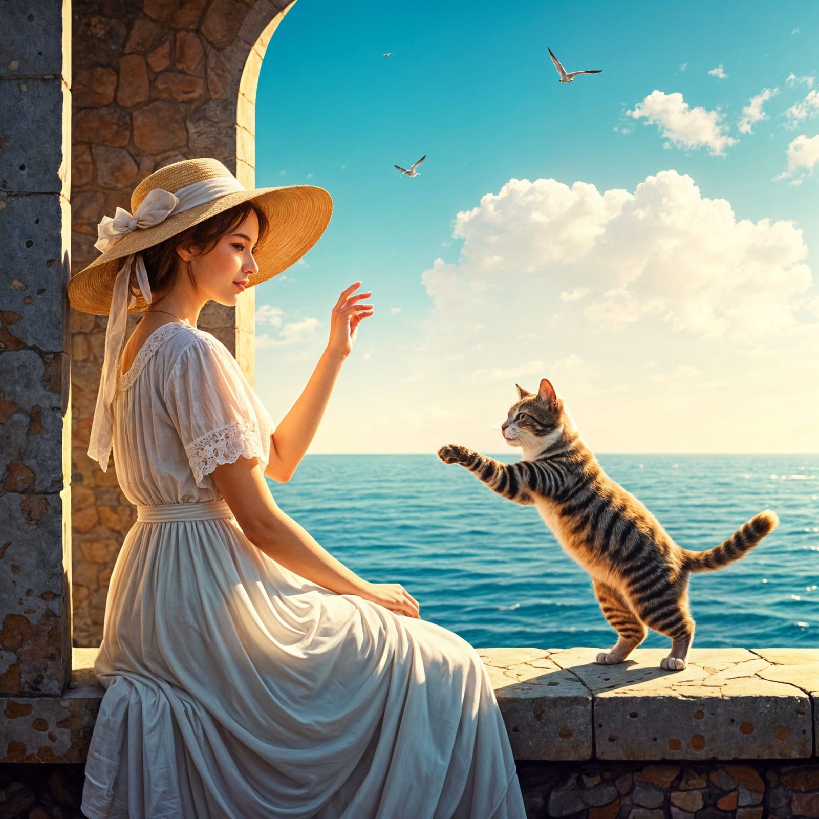 Girl with Cat by the Sea: Impressionism Art