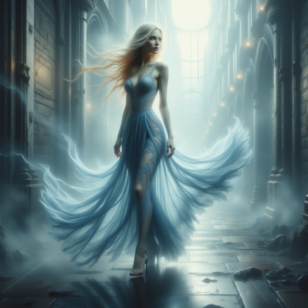 Ethereal Woman in Misty Landscape, Impressionistic Style