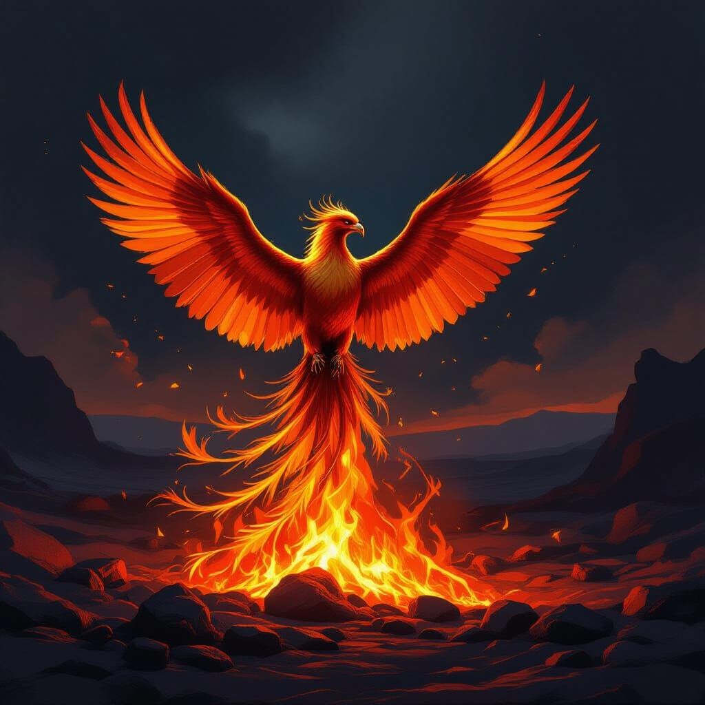 Majestic Phoenix Rises from Embers in Volcanic Landscape