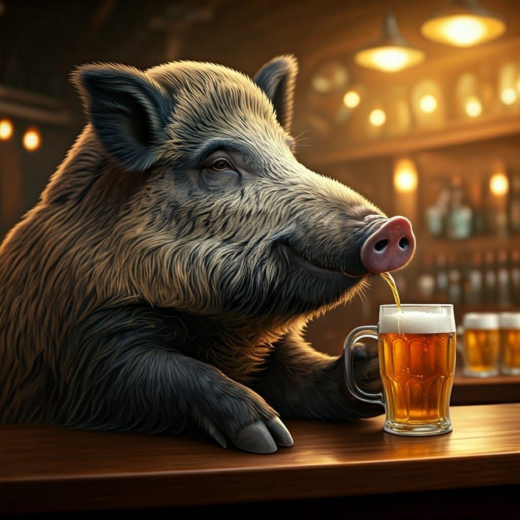 Boar Enjoys Beer at a Bar