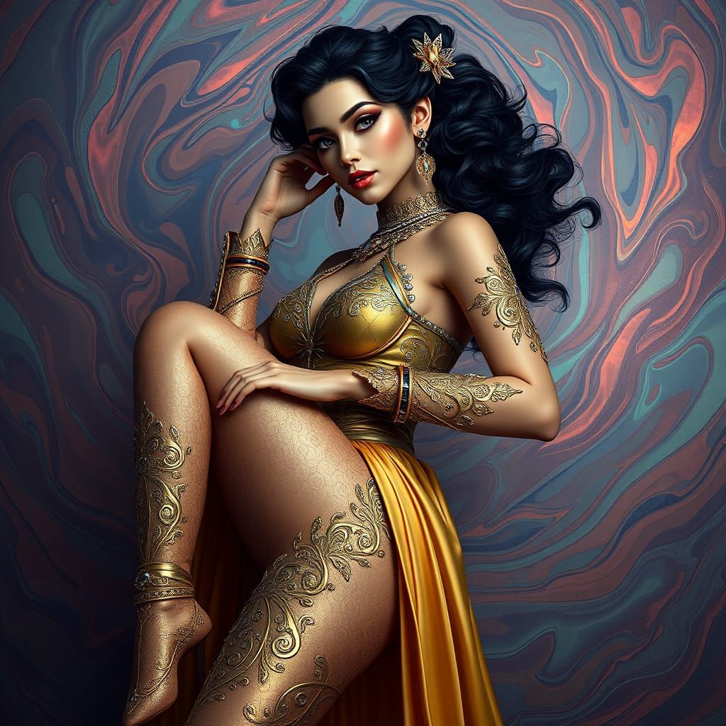 Elegant Woman in Opulent Fantasy Legwear Against Iridescent ...