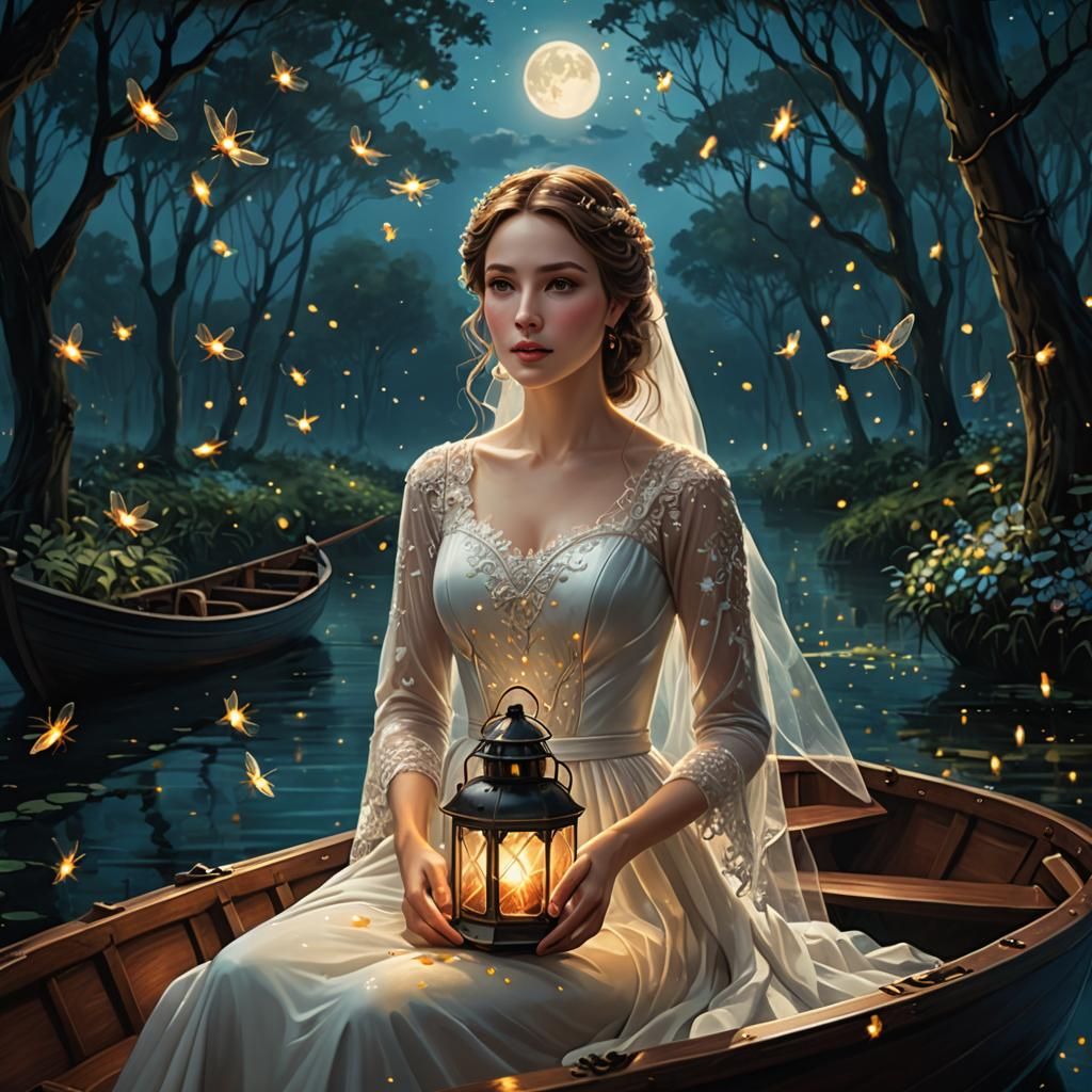 Ethereal Bride with Fireflies in Fantasy Forest