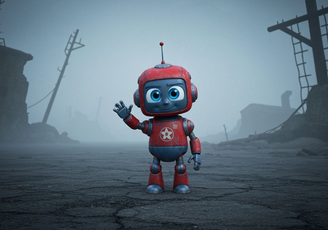 Friendly Dieselpunk Robot Waving in Wasteland