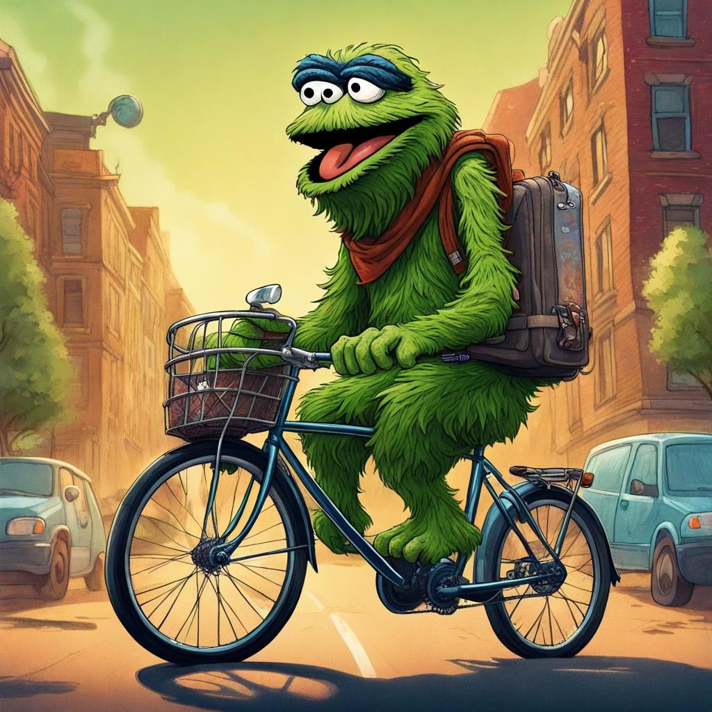 Oscar the Grouch on Touring Bicycle: Detailed Matte Painting