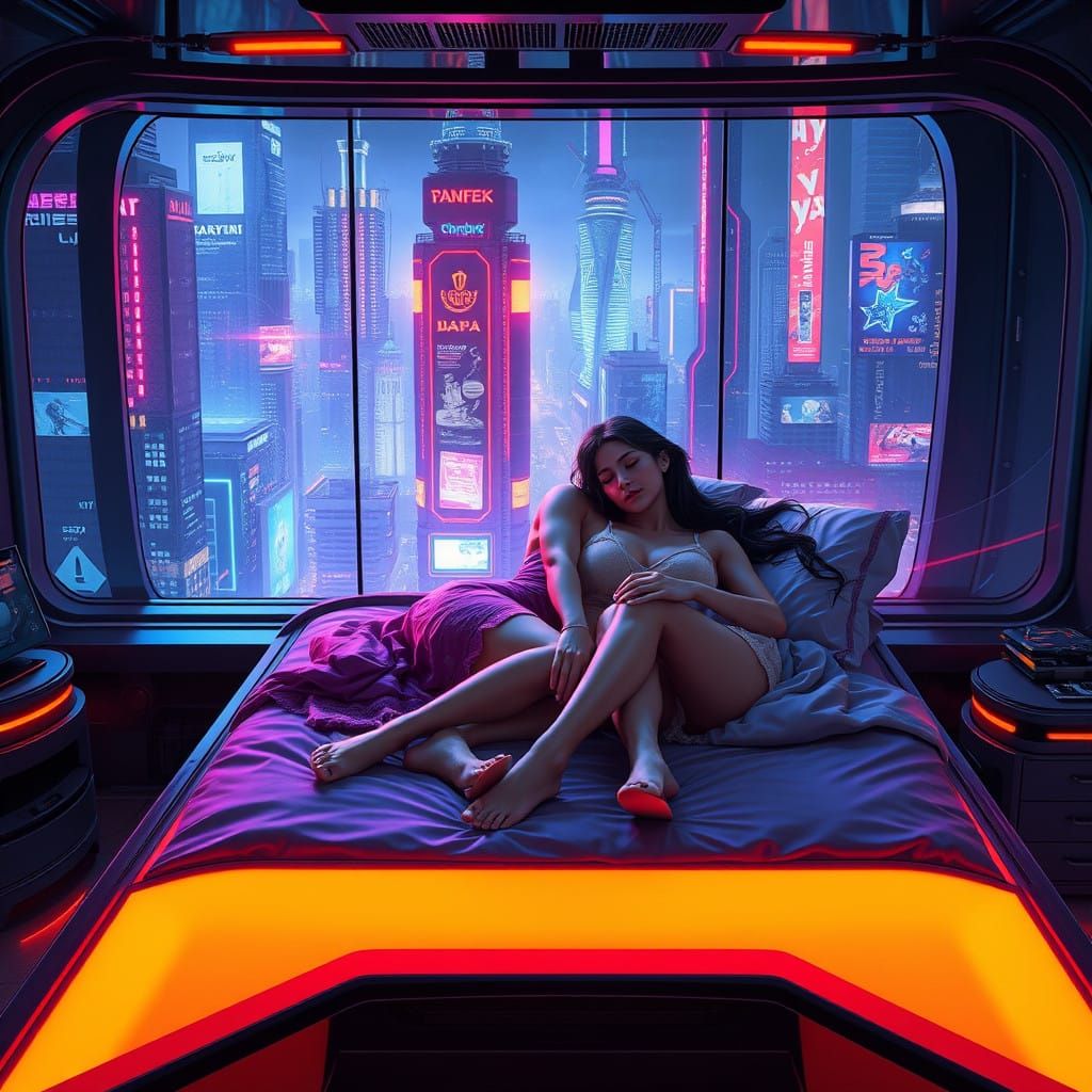 Sleek Cyberpunk Bedroom Dreamscape in Neon Noir