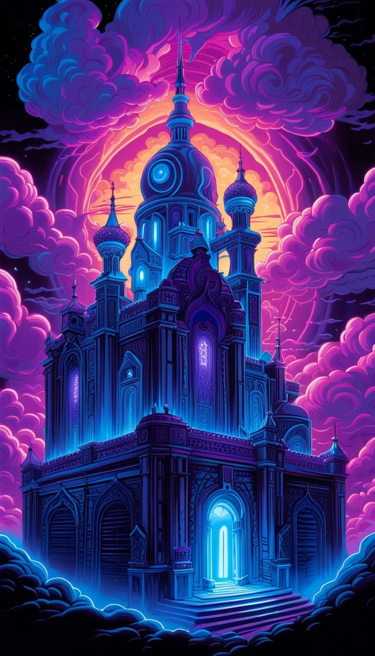 Glowing Cloud Castle in Art Deco Style
