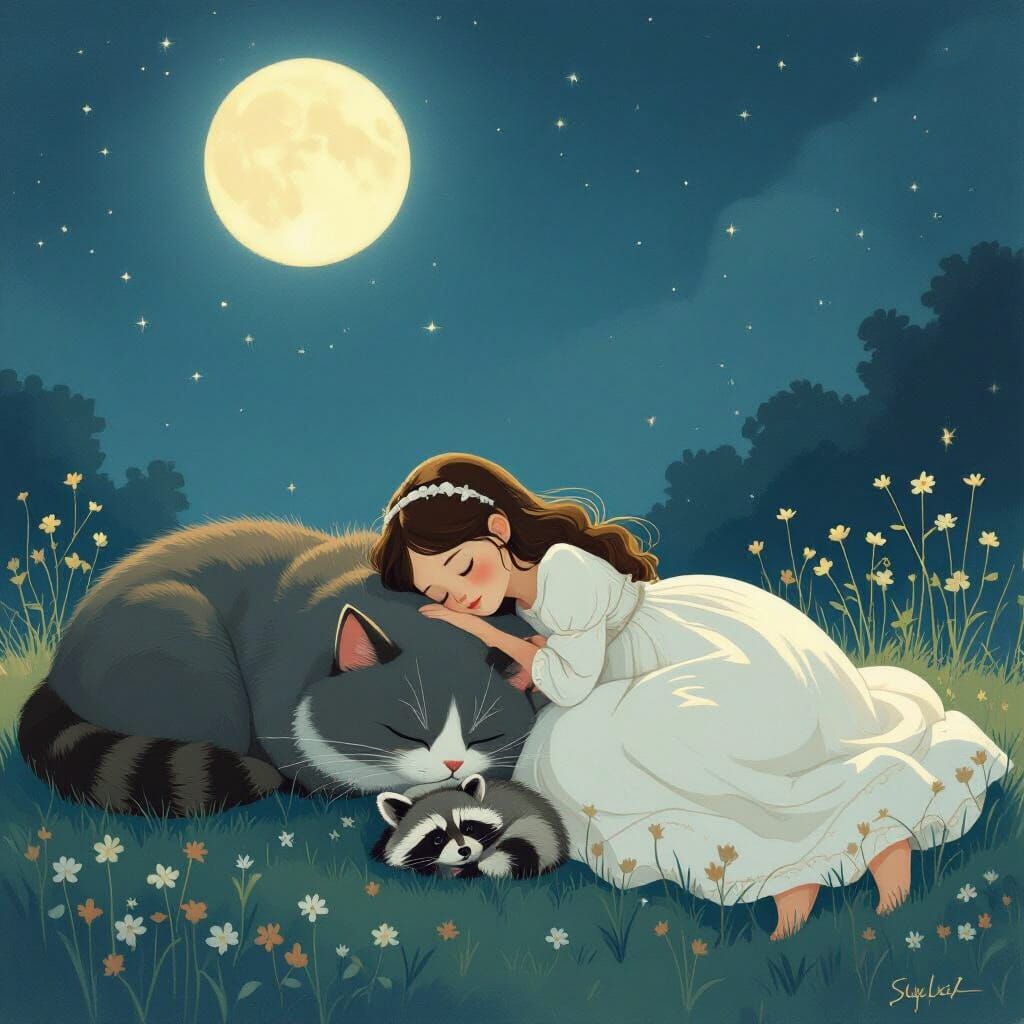 Dreamy Moonlight Nap with Cat and Raccoon