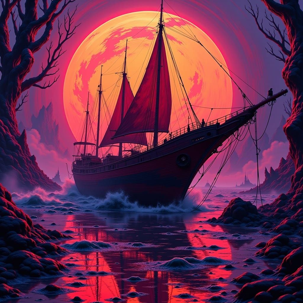 Blood-Red Boat Disintegrating in Gothic Cyberpunk Scene
