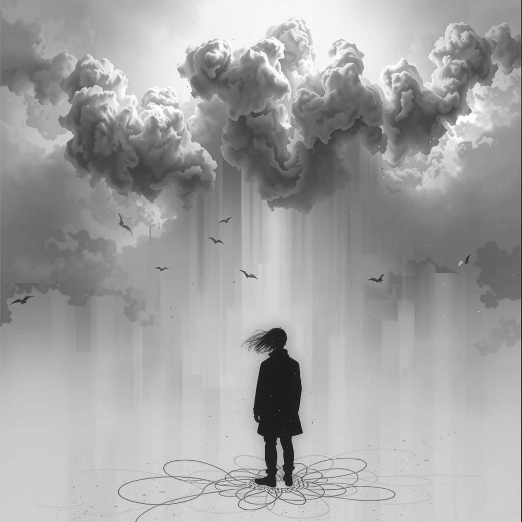 Abstract Figure in Misty Landscape with Fractal Patterns