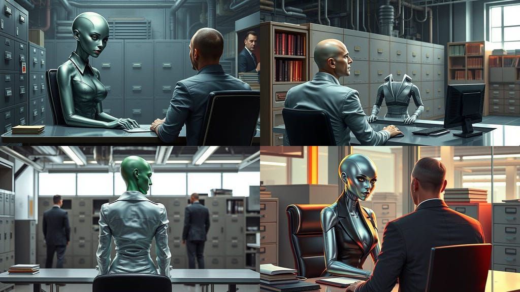 Metallic Humanoid Secretary in Modern Office