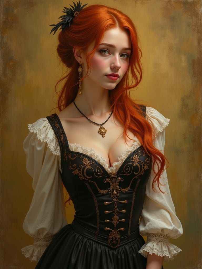 Elegant Redhead Innkeeper in Rembrandt and Klimt Style