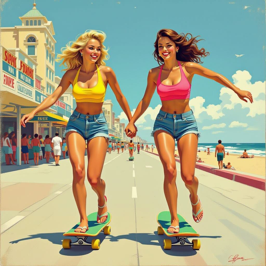 Girls Skateboarding on Beach Boardwalk in Retro Art Style