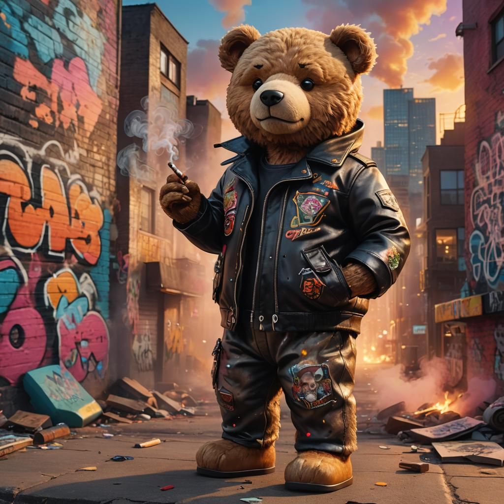 Hyperrealistic Teddy Bear Bad Boy in Cityscape