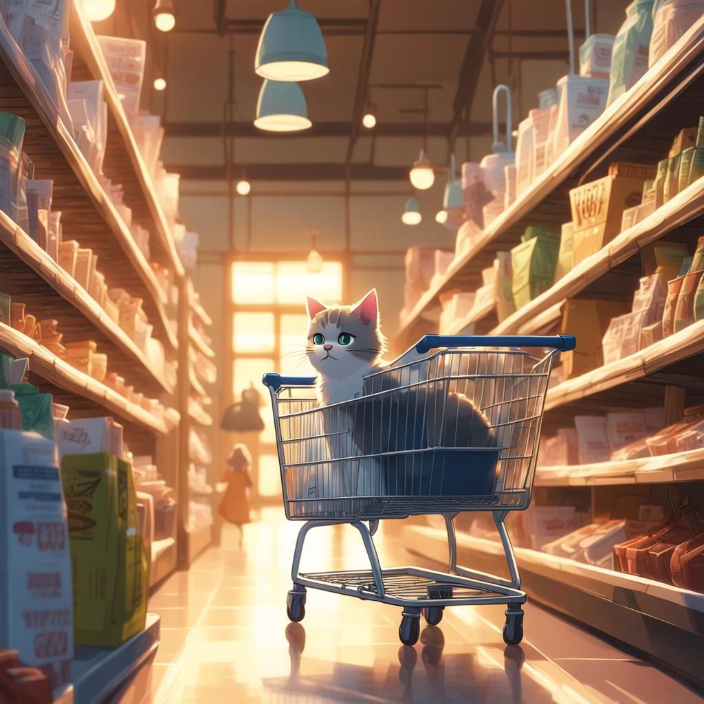Adorable Cat Shopping with Kittens: Studio Ghibli Style