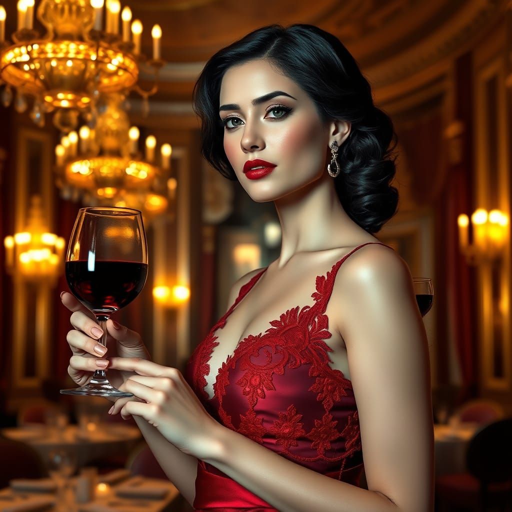 Elegant Woman in Crimson Gown, Golden Ambiance