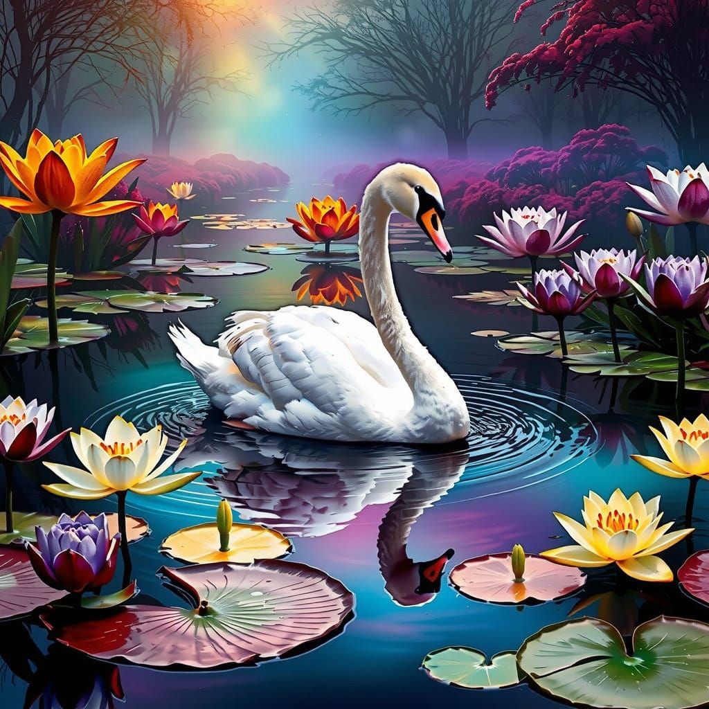 Surreal Swan in Vibrant Mystic Landscape