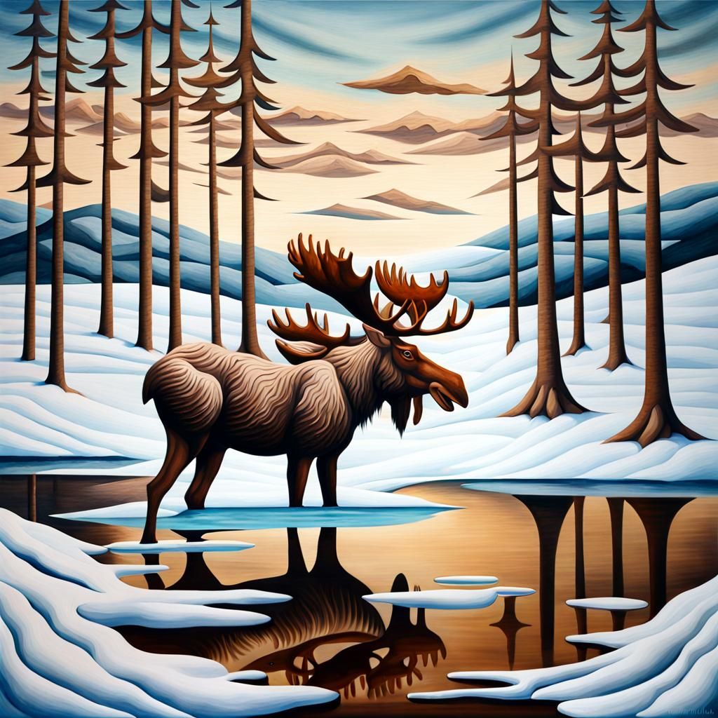 Surreal Winter Landscape with Moose in Acrylic Style