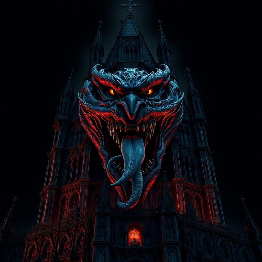 Towering Dark Surrealism with Twisted Face and Black Eyes
