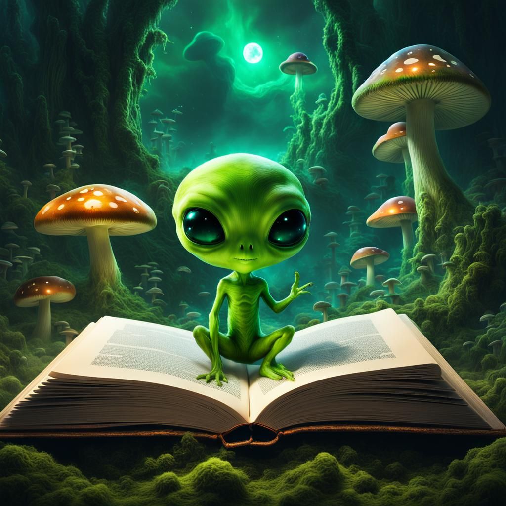 Spooky Cute Alien on Planet with Galaxy Book