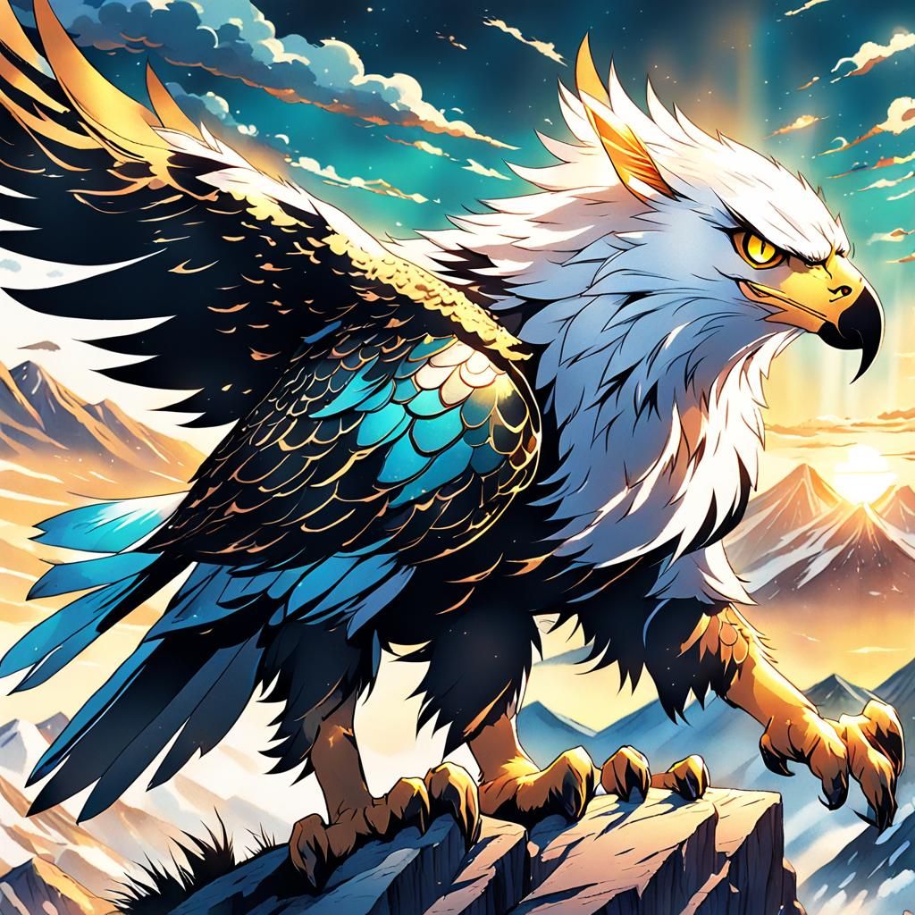Anime Eagle-Cat Hybrid on Mountain Peak