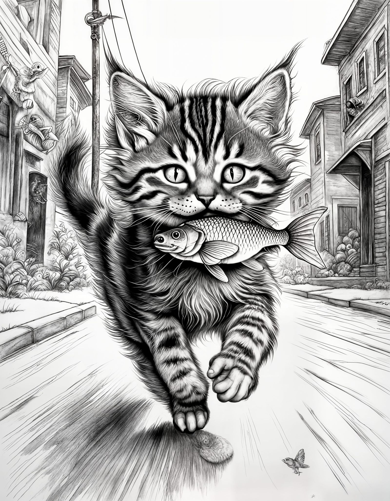 Surreal Kitten Stealing Fish, Charcoal Drawing