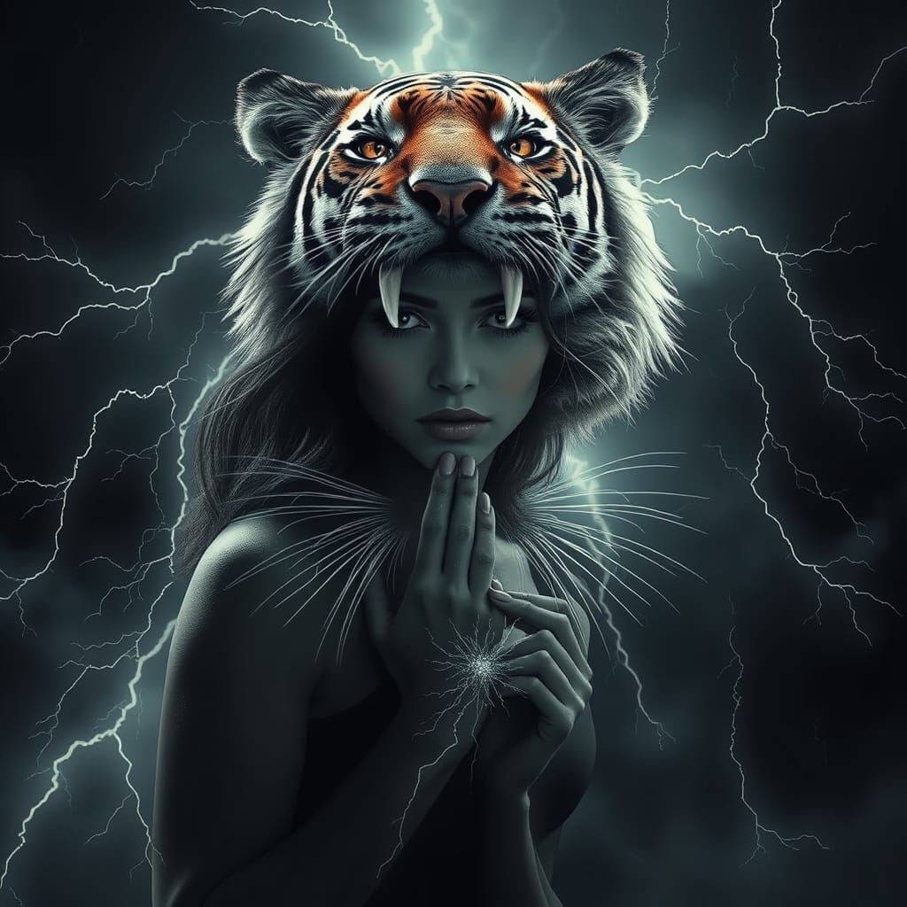 Woman Transforms into Tiger in Monochromatic Storm