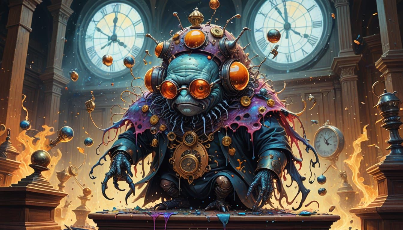 Anthropomorphic Beetle Judge in Psychedelic Courtroom