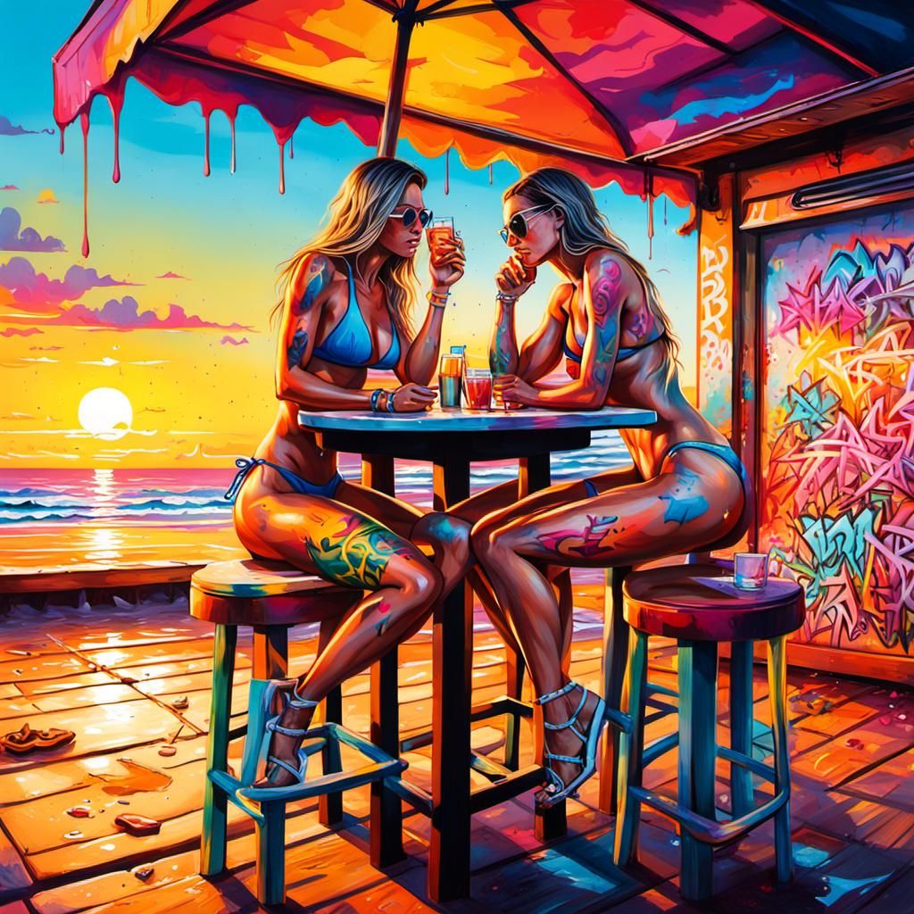 Beach Bar Friends at Sunset in Graffiti Art Style