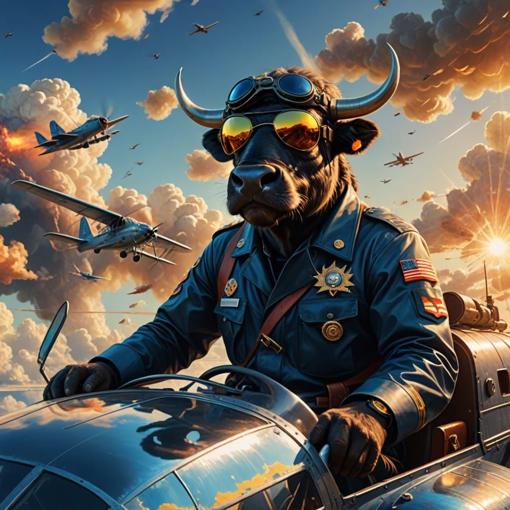 Anthropomorphic Water buffalo as a navy pilot